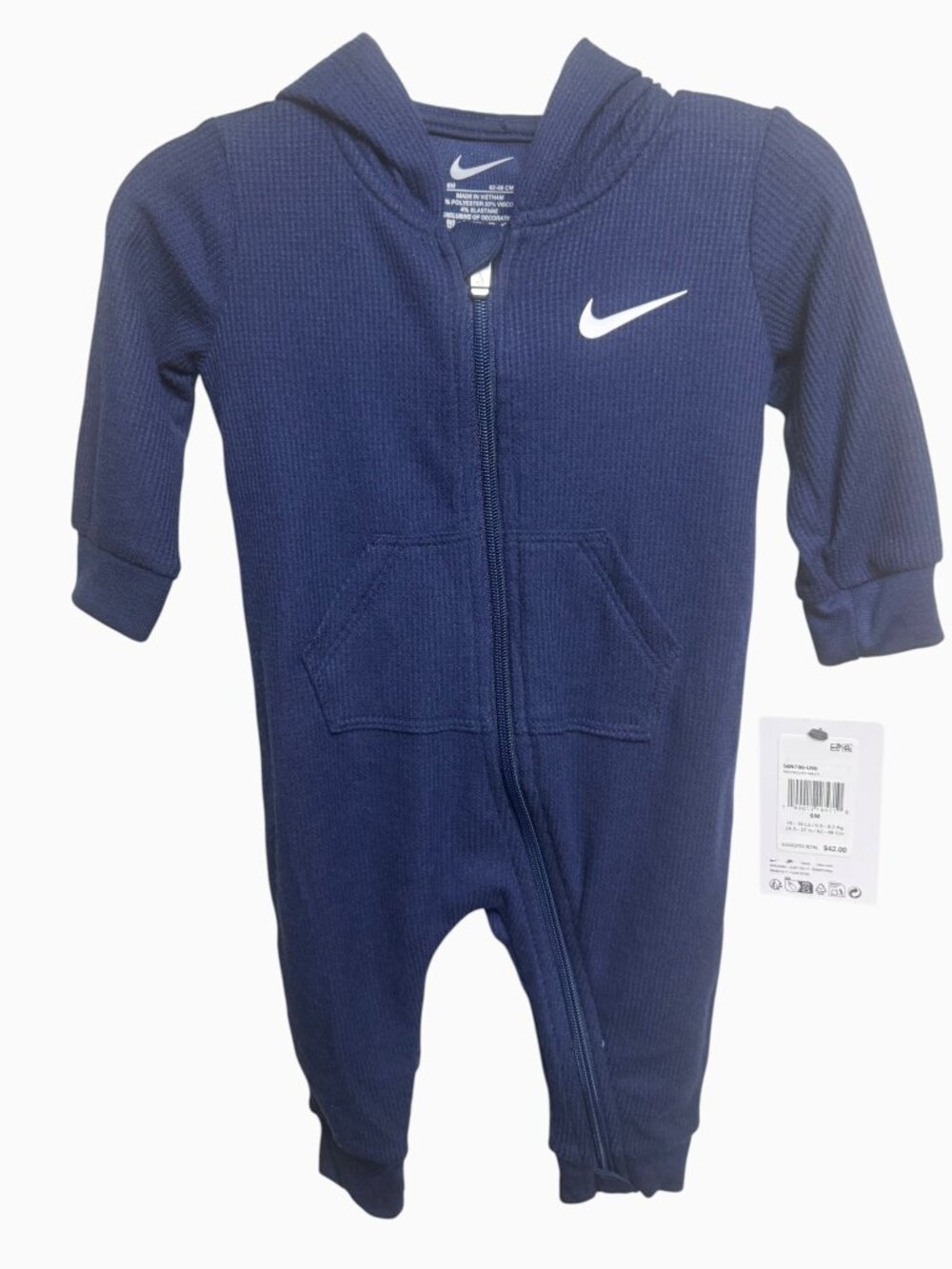NWT Nike Navy Blue Waffle Knit Hooded Romper / Pram 6M